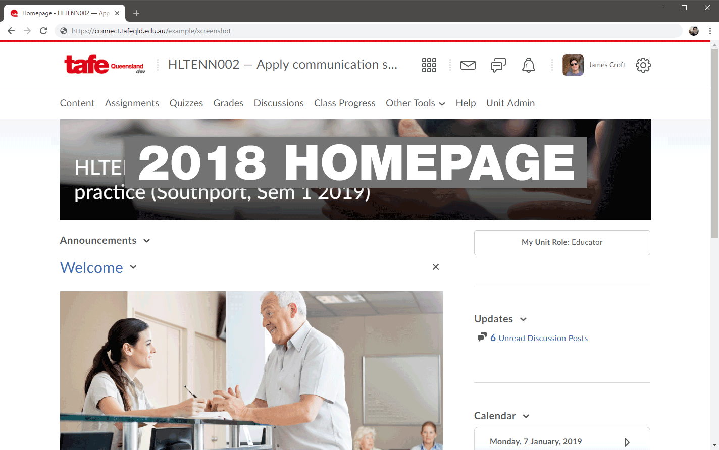 A screenshot of the Connect homepage with the new container-style homepage applied.